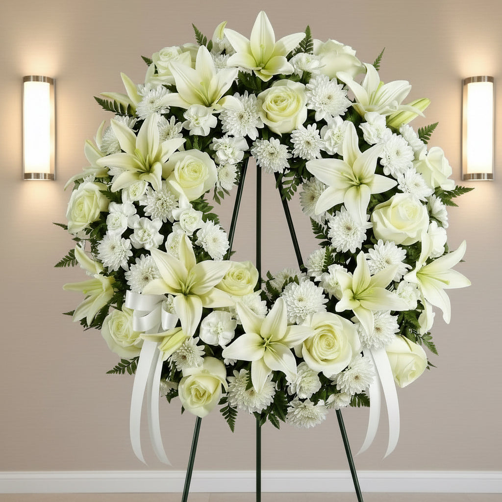 White floral wreath with white and green flowers on a stand against a beige wall.