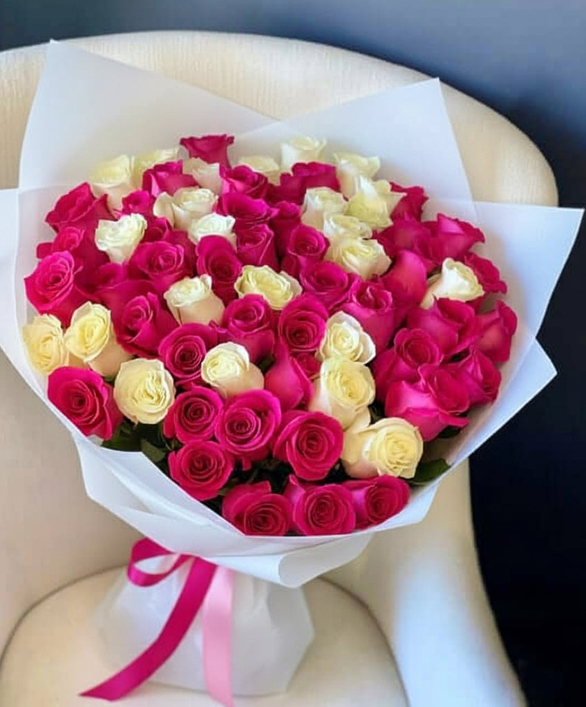75 WHITE AND HOT PINK ROSES BOUQUET