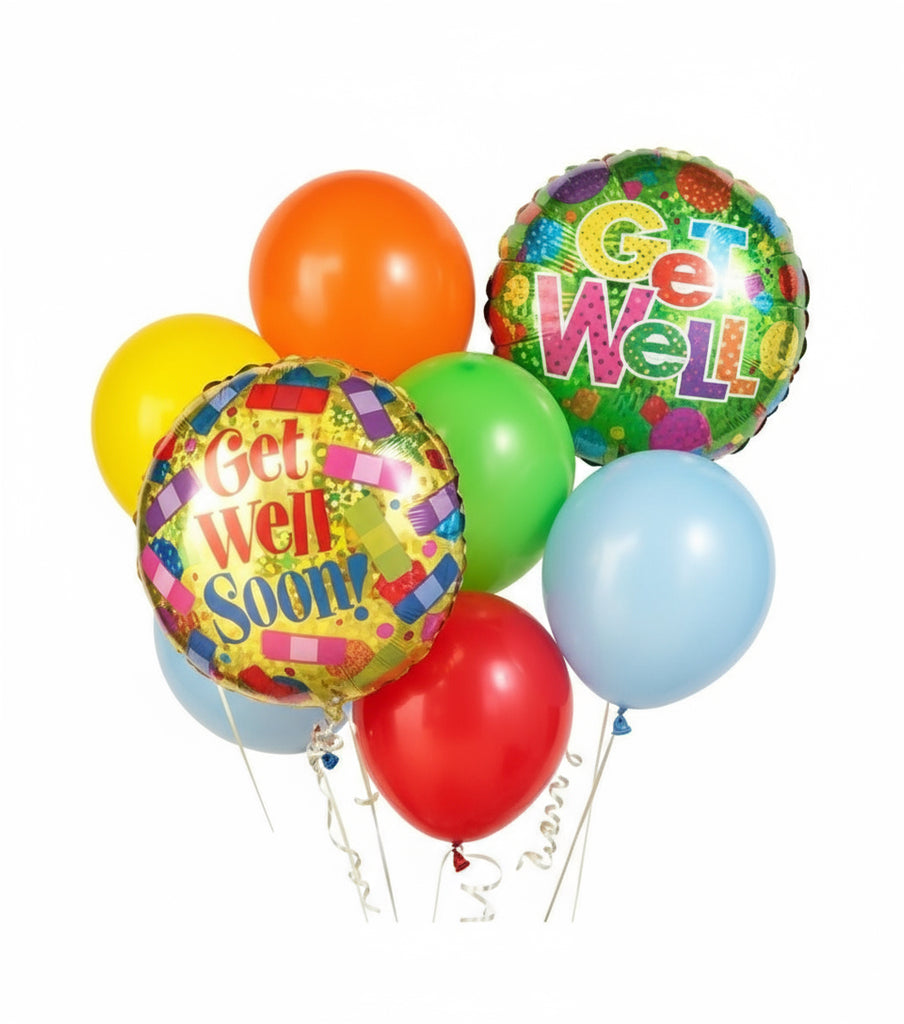 Colorful balloons with 'Get Well Soon!' and 'Get Well!' text on a white background