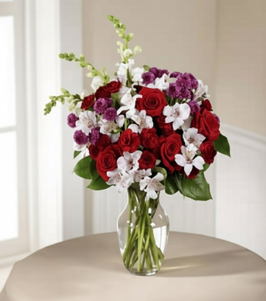 Bouquet of red, white, and purple flowers in a clear vase on a beige surface.