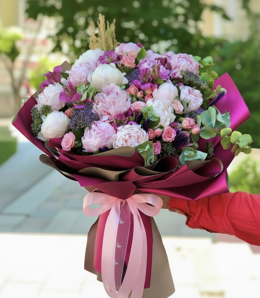 Bouquet of flowers with pink and white colors held by a person wearing red gloves.